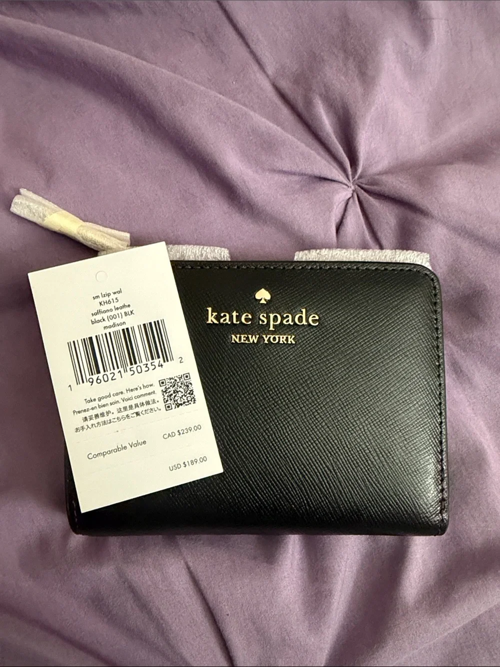 kate spade black Saffiano zip-around card holder with gold logo